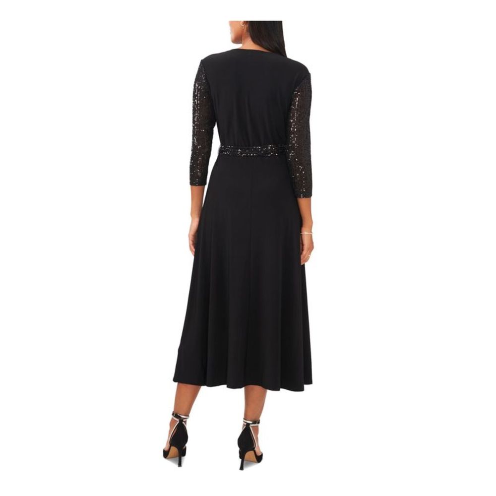 MSK Womens Black 3/4 Sleeve V Neck Midi Party Fit + Flare Dress XL - Picture 2 of 3
